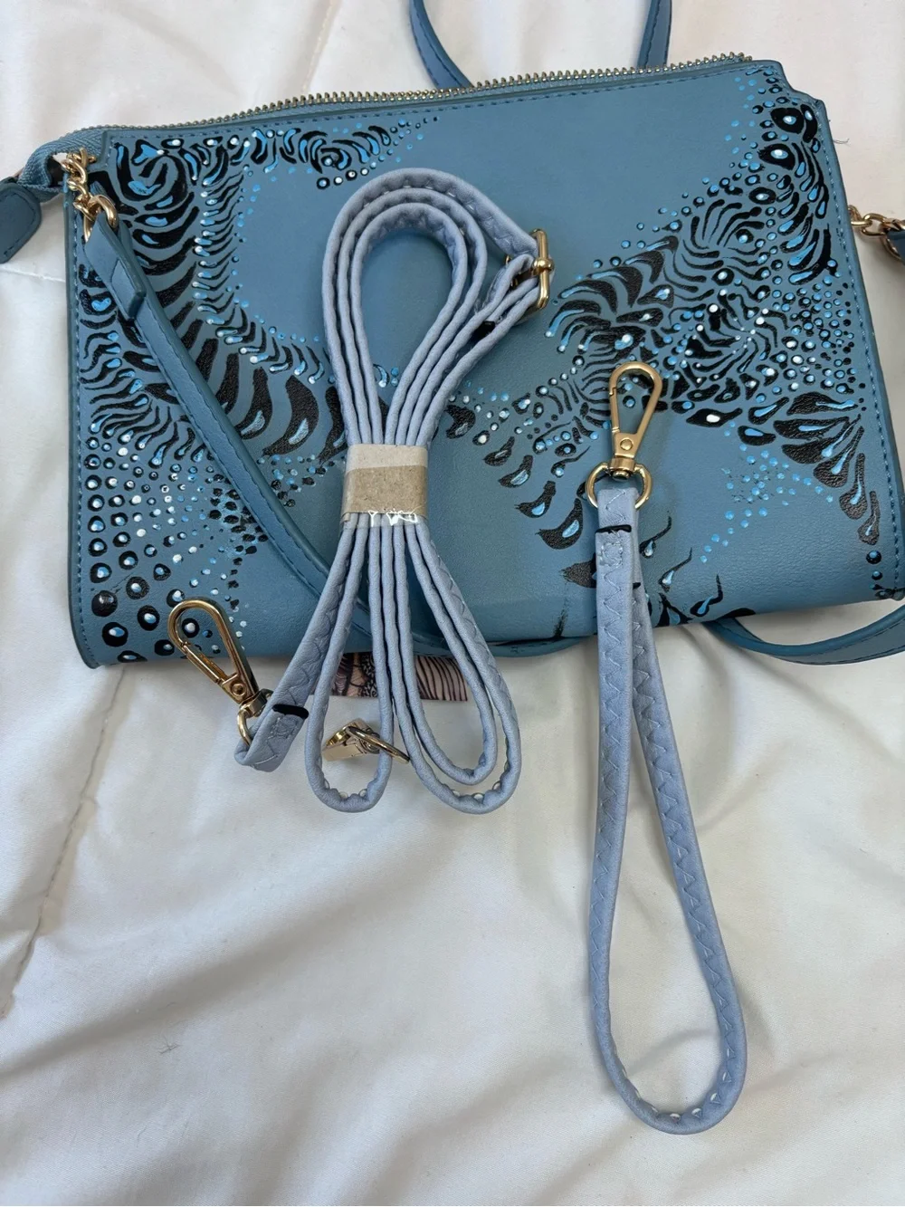 Blue Patterned Crossbody Bag. Hand painted. One of a kind.